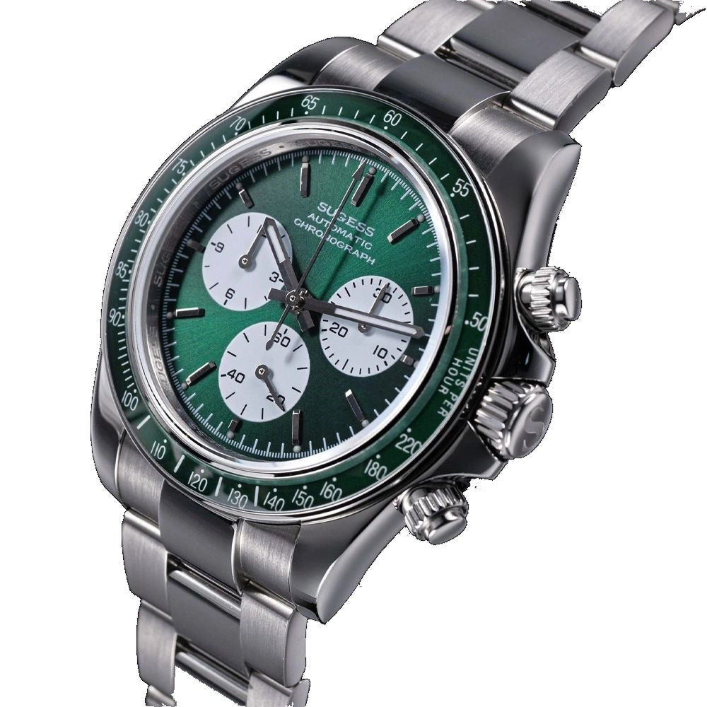 Sugess S473 Chrono Racing automatic chronograph, green dial, steel bracelet, three-quarter angled view on black