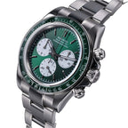 Sugess S473 Chrono Racing automatic chronograph, green dial, steel bracelet, three-quarter angled view on black