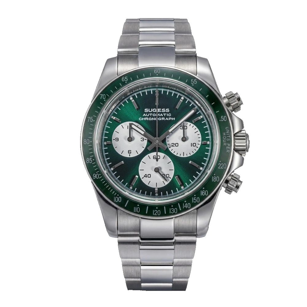 Sugess S473 Chrono Racing automatic chronograph, green dial, white sub-dials, steel bracelet, front view