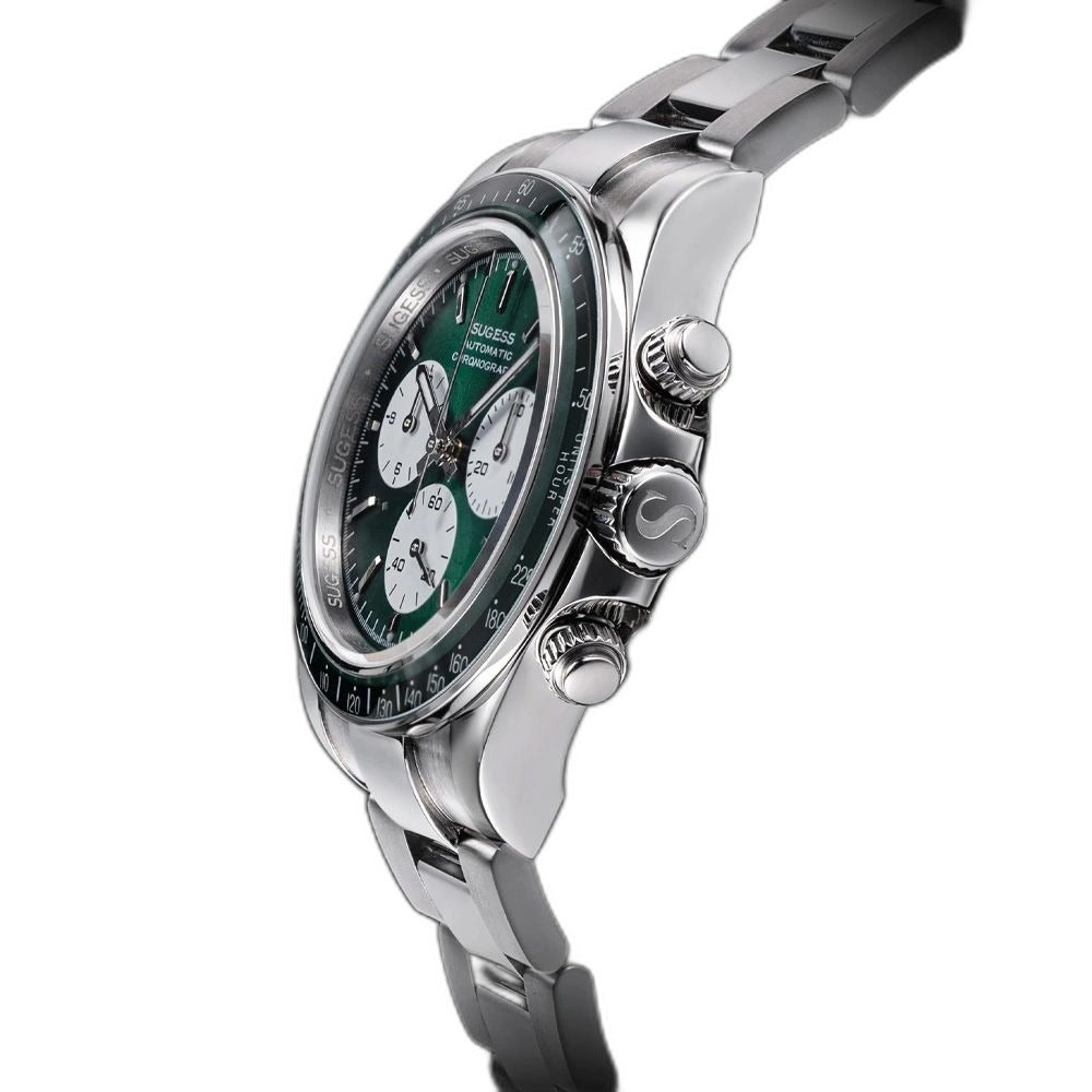 Sugess S473 Chrono Racing green dial, chronograph pushers and S crown, steel bracelet, side profile on black
