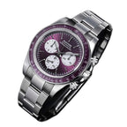 Sugess S473 Chrono Racing automatic chronograph, purple dial, steel bracelet, front three-quarter view on black