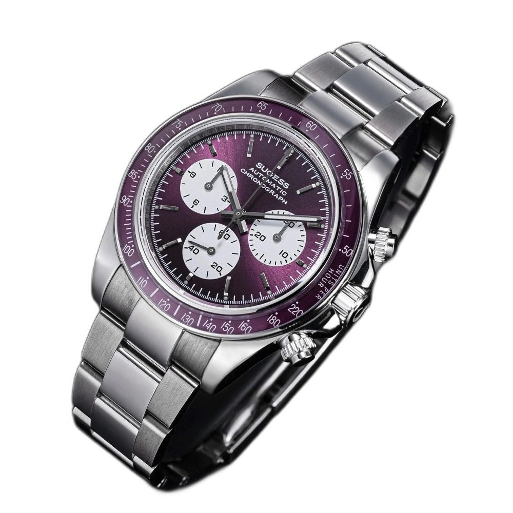 Sugess S473 Chrono Racing automatic chronograph, purple dial, steel bracelet, front three-quarter view on black