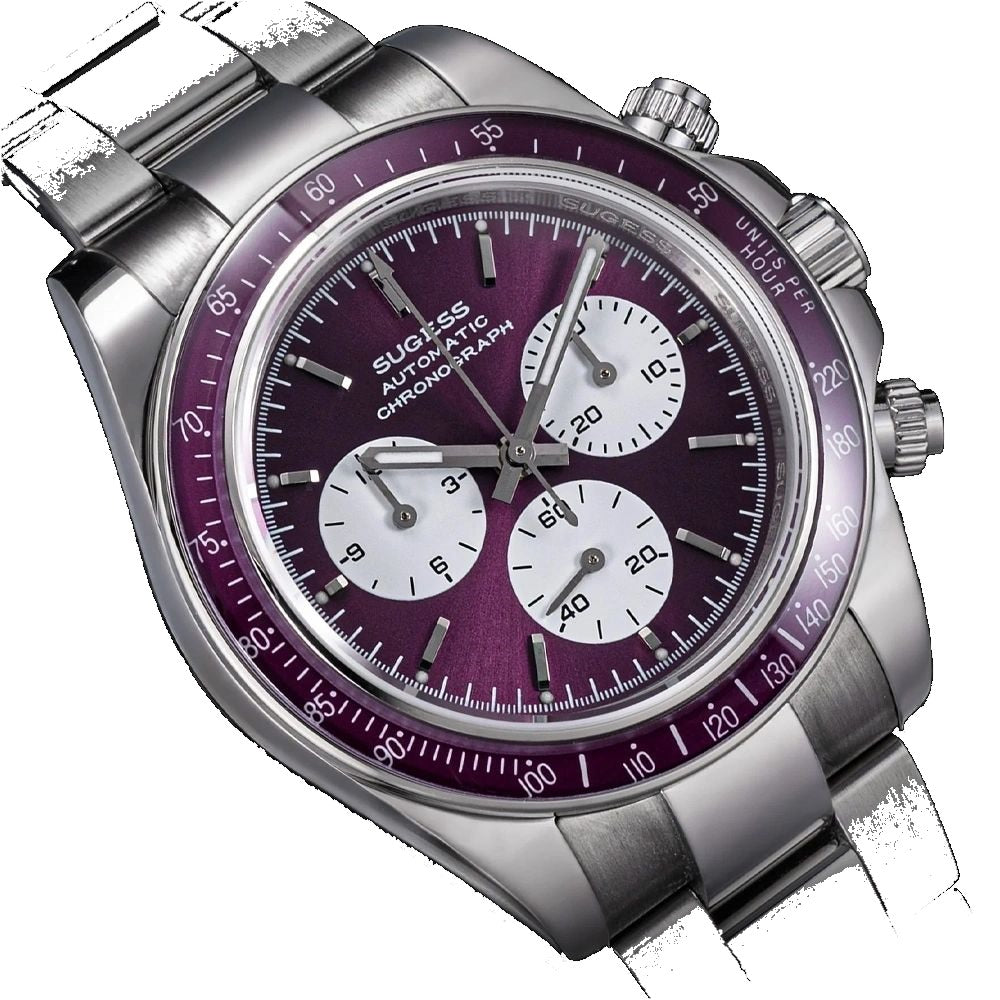 Sugess S473 Chrono Racing automatic chronograph, purple dial, steel bracelet, three-quarter angled view on black