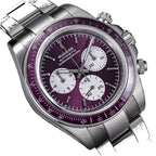 Sugess S473 Chrono Racing automatic chronograph, purple dial, steel bracelet, three-quarter angled view on black