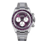 Sugess S473 Chrono Racing automatic chronograph, purple dial, white sub-dials, steel bracelet, front view