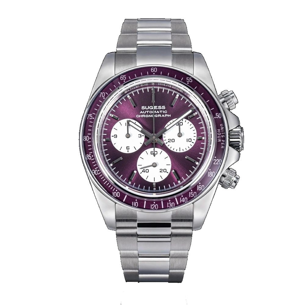 Sugess S473 Chrono Racing automatic chronograph, purple dial, white sub-dials, steel bracelet, front view