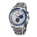 Sugess S473 Chrono Racing silver-white dial, blue bezel, steel bracelet, three-quarter angled view on black
