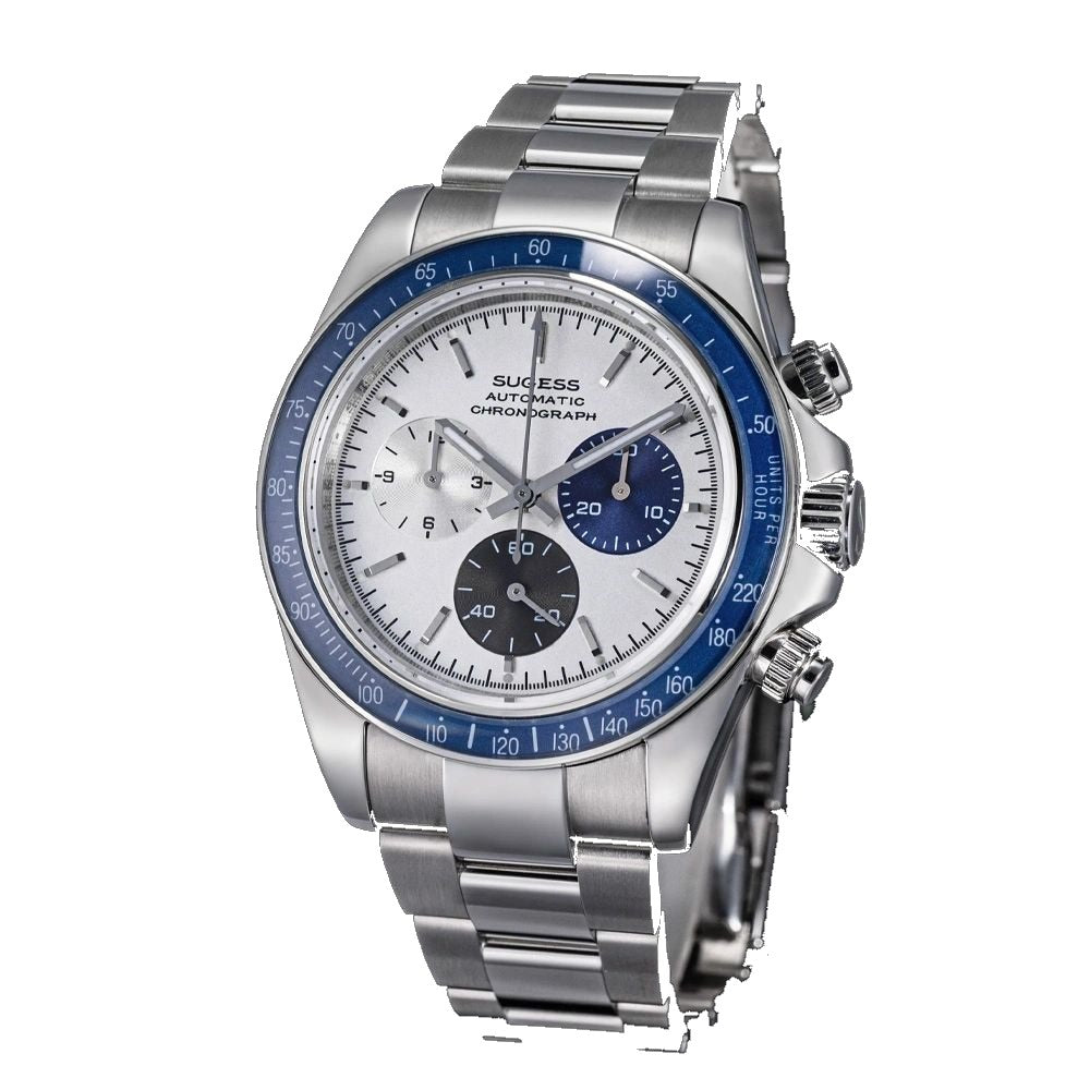 Sugess S473 Chrono Racing silver-white dial, blue bezel, steel bracelet, three-quarter angled view on black
