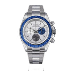 Sugess S473 Chrono Racing automatic chronograph, silver-white dial, blue sub-dial, blue bezel, steel bracelet, front
