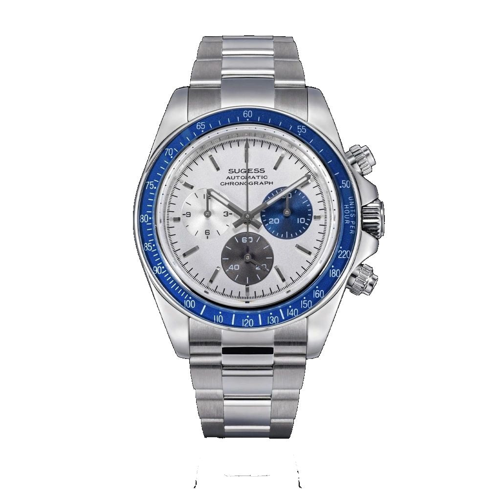 Sugess S473 Chrono Racing automatic chronograph, silver-white dial, blue sub-dial, blue bezel, steel bracelet, front