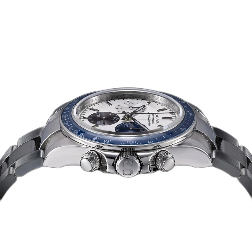 Sugess S473 Chrono Racing silver-white dial, chronograph pushers and S crown, steel bracelet, low side profile
