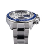 Sugess S473 Chrono Racing silver-white dial, blue bezel, steel bracelet, side profile on black