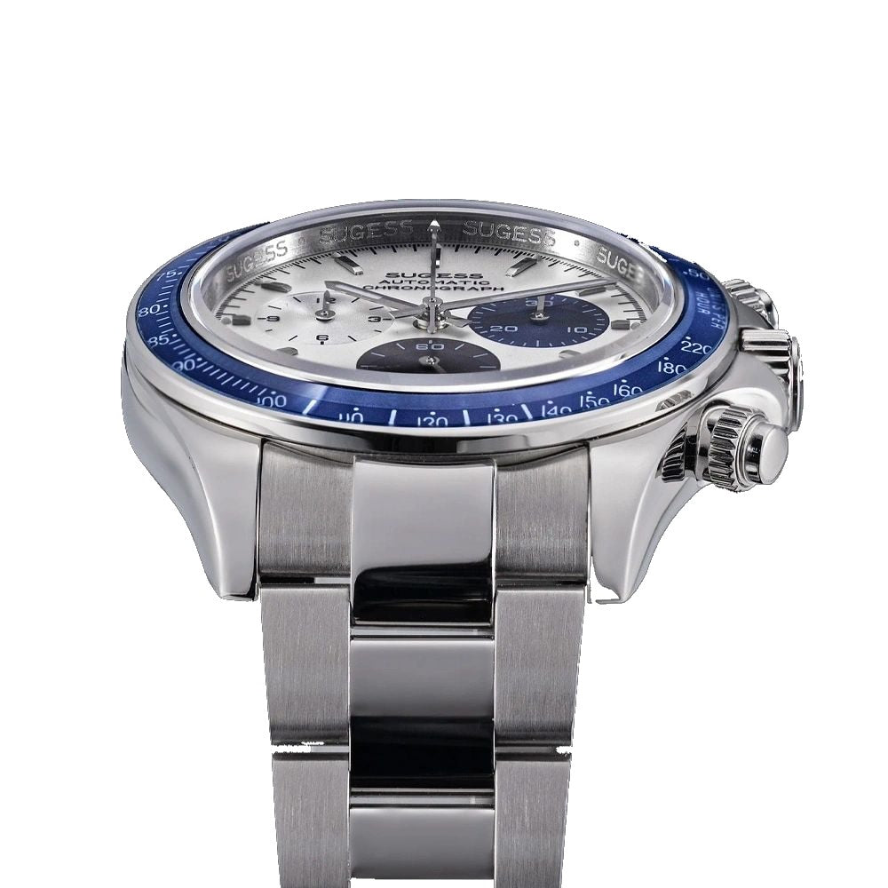 Sugess S473 Chrono Racing silver-white dial, blue bezel, steel bracelet, side profile on black