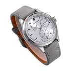 Sugess silver dress chronograph, white dial on a grey leather strap (photo belongs to a Sugess model, not the Seestern S404)